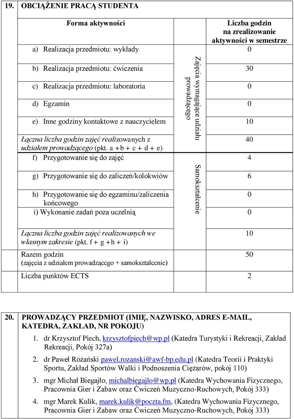 0 d) Egzamin 0 e) Inne godziny kontaktowe z nauczycielem 10 Łączna liczba godzin zajęć realizowanych z udziałem prowadzącego (pkt.