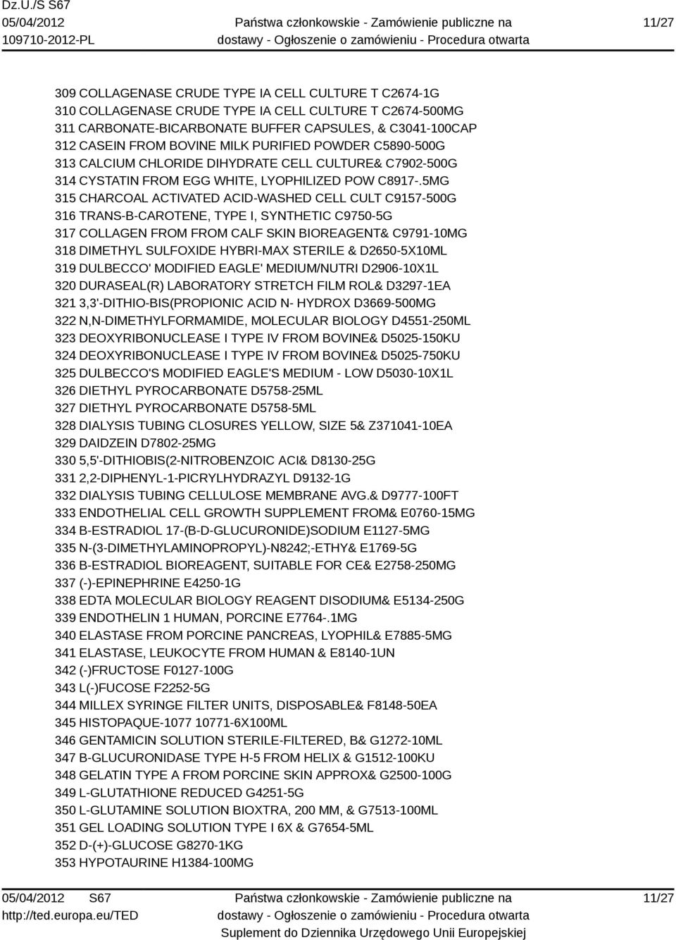 5MG 315 CHARCOAL ACTIVATED ACID-WASHED CELL CULT C9157-500G 316 TRANS-B-CAROTENE, TYPE I, SYNTHETIC C9750-5G 317 COLLAGEN FROM FROM CALF SKIN BIOREAGENT& C9791-10MG 318 DIMETHYL SULFOXIDE HYBRI-MAX