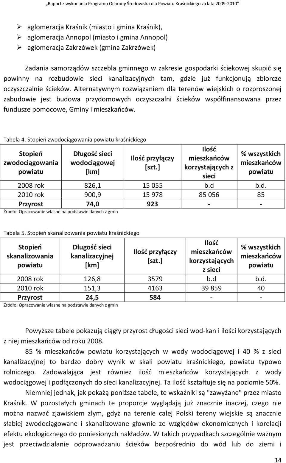 Alternatywnym rozwiązaniem dla terenów wiejskich o rozproszonej zabudowie jest budowa przydomowych oczyszczalni ścieków współfinansowana przez fundusze pomocowe, Gminy i mieszkańców. Tabela 4.