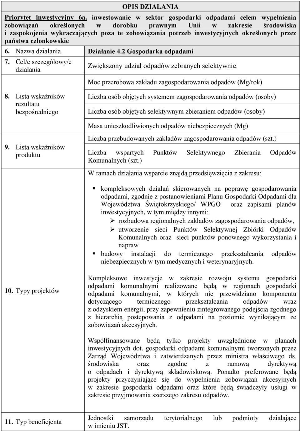 inwestycyjnych określonych przez państwa członkowskie 6. Nazwa działania Działanie 4.2 Gospodarka odpadami 7. Cel/e szczegółowy/e działania Zwiększony udział odpadów zebranych selektywnie.