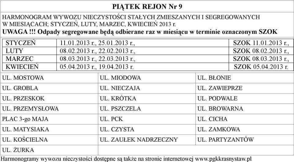 BŁONIE UL. GROBLA UL. NIECZAJA UL. ZAWIEPRZE UL. PRZESKOK UL. KRÓTKA UL. PODWALE UL. PRZEMYSŁOWA UL. PSZCZELA UL.