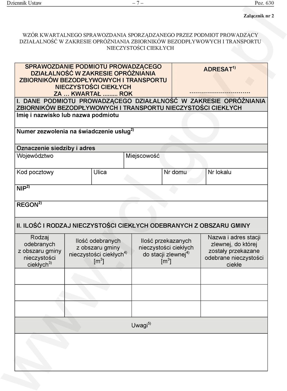 PROWADZĄCY I DZIAŁALNOŚĆ W ZAKRESIE TRANSPORTU OPRÓŻNIANIA NIECZYSTOŚCI ZBIORNIKÓW BEZODPŁYWOWYCH CIEKŁYCH I TRANSPORTU NIECZYSTOŚCI CIEKŁYCH SPRAWOZDANIE PODMIOTU PROWADZĄCEGO ADRESAT 1) DZIAŁALNOŚĆ