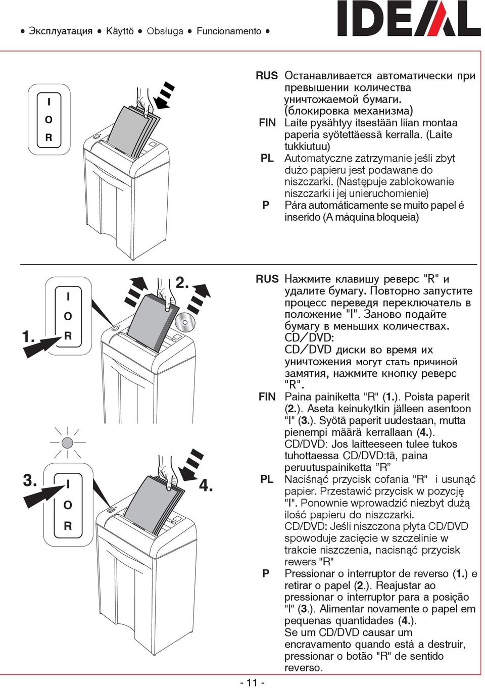 (Następuje zablokowanie niszczarki i jej unieruchomienie) P Pára automáticamente se muito papel é inserido (A máquina bloqueia) 2. RUS Íàæìèòå êëàâèøó ðåâåðñ "R" è óäàëèòå áóìàãó.