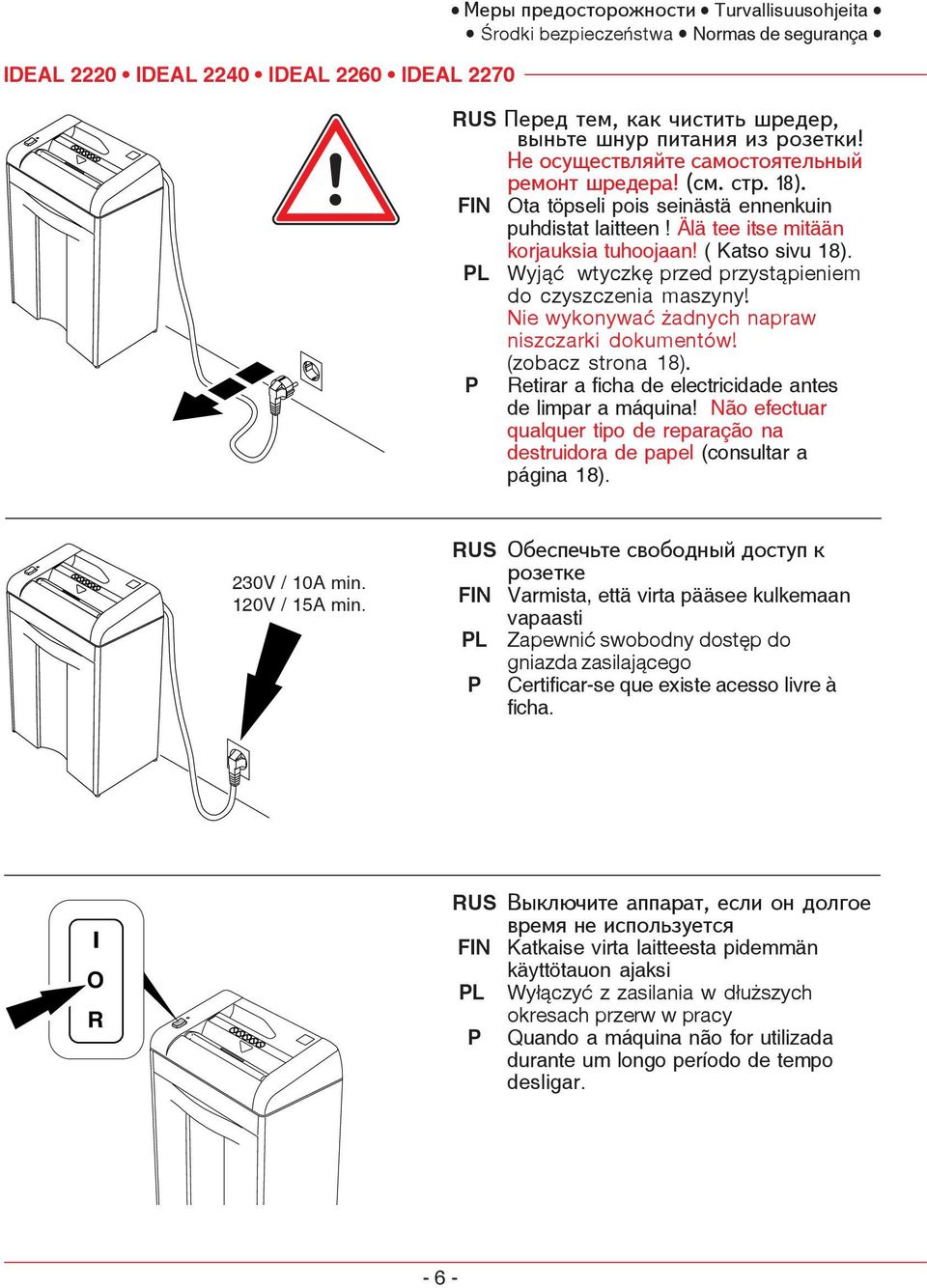 PL Wyjąć wtyczkę przed przystąpieniem do czyszczenia maszyny! Nie wykonywać żadnych napraw niszczarki dokumentów! (zobacz strona 18). P Retirar a ficha de electricidade antes de limpar a máquina!