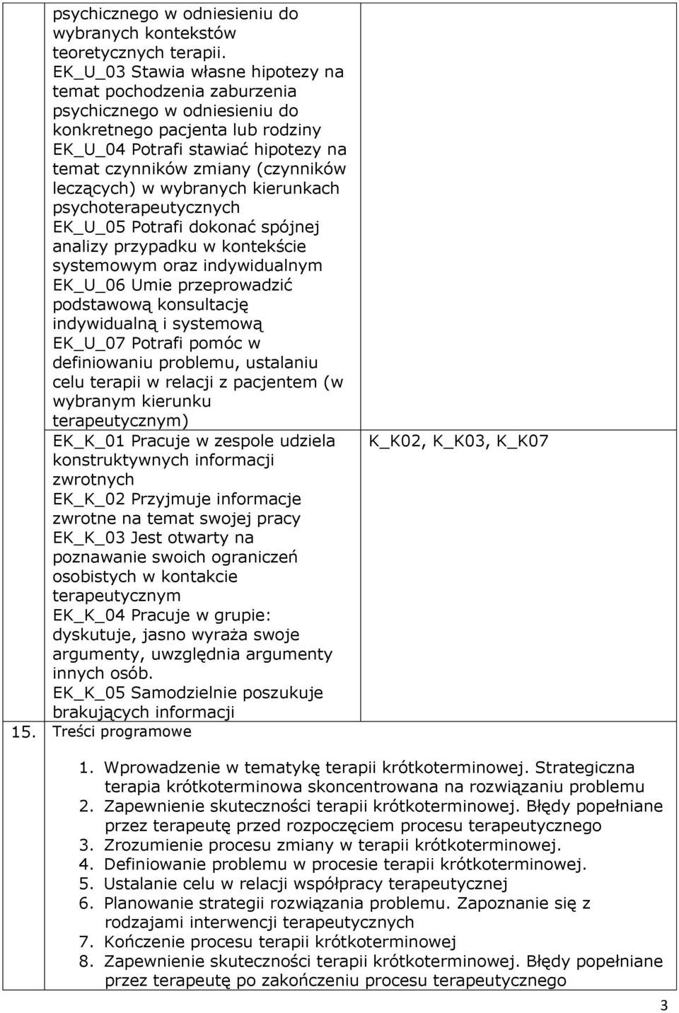 leczących) w wybranych kierunkach psychoterapeutycznych EK_U_05 Potrafi dokonać spójnej analizy przypadku w kontekście systemowym oraz indywidualnym EK_U_06 Umie przeprowadzić podstawową konsultację