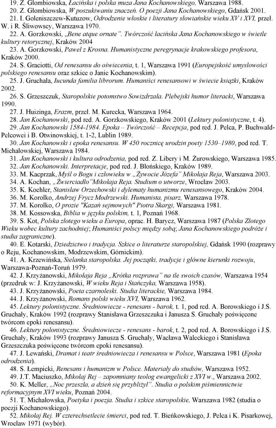 Twórczość łacińska Jana Kochanowskiego w świetle kultury retorycznej, Kraków 2004 23. A. Gorzkowski, Paweł z Krosna. Humanistyczne peregrynacje krakowskiego profesora, Kraków 2000. 24. S.