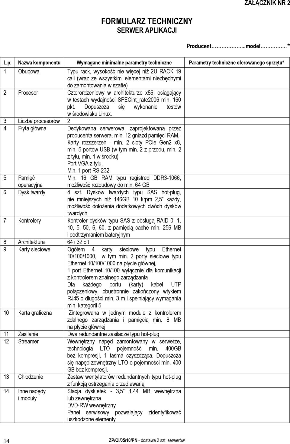 niezbędnymi do zamontowania w szafie) 2 Procesor Czterordzeniowy w architekturze x86, osiągający w testach wydajności SPECint_rate2006 min. 160 pkt. Dopuszcza się wykonanie testów w środowisku Linux.