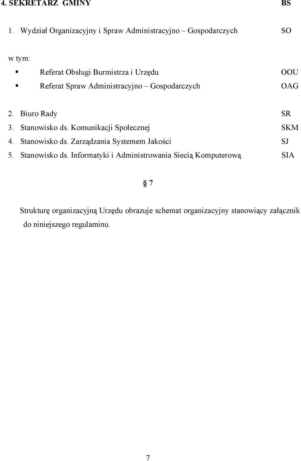 Spraw Administracyjno Gospodarczych OAG 2. Biuro Rady SR 3. Stanowisko ds. Komunikacji Społecznej SKM 4. Stanowisko ds. Zarządzania Systemem Jakości SJ 5.