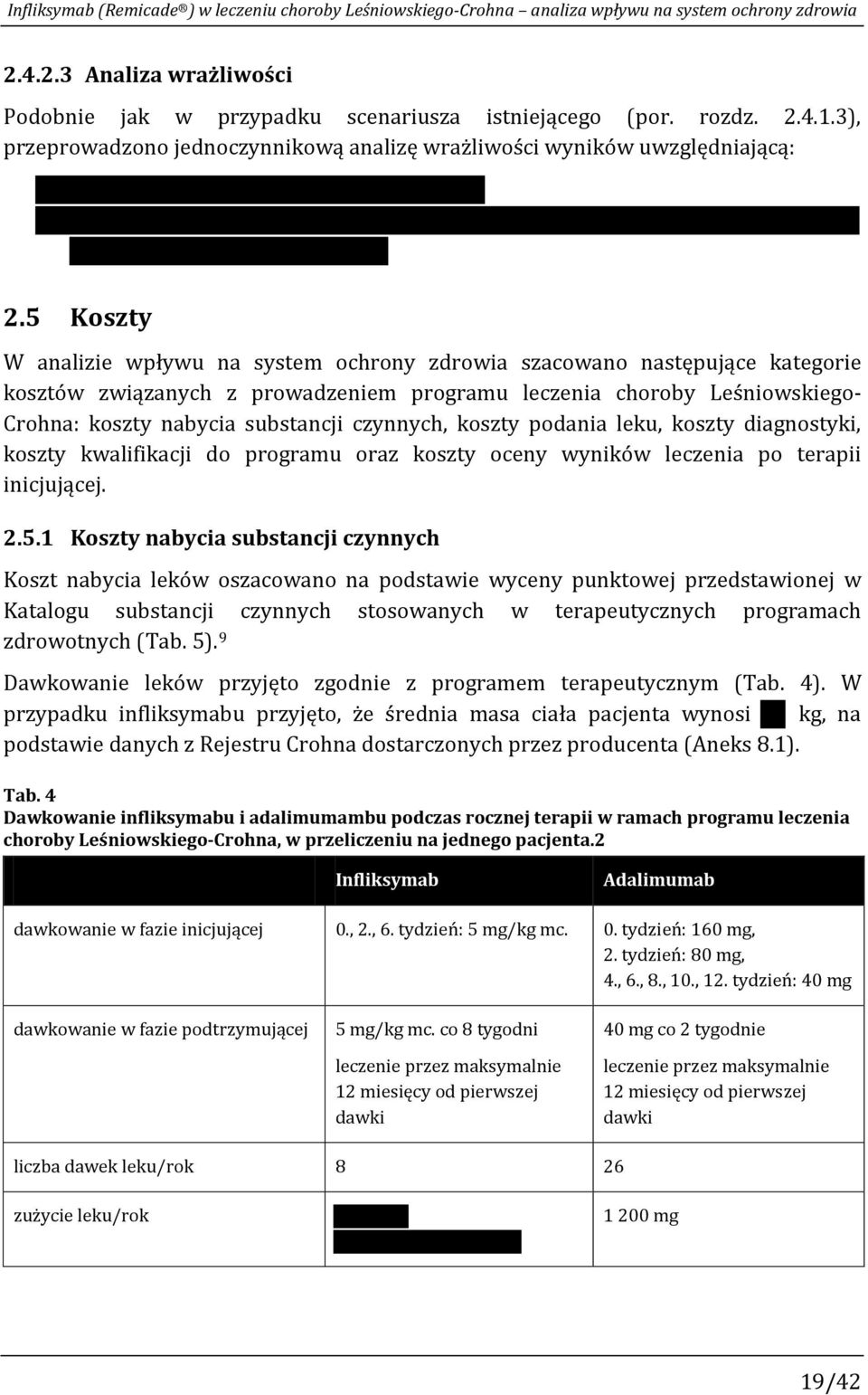 5 Koszty W analizie wpływu na system ochrony zdrowia szacowano następujące kategorie kosztów związanych z prowadzeniem programu leczenia choroby Leśniowskiego- Crohna: koszty nabycia substancji