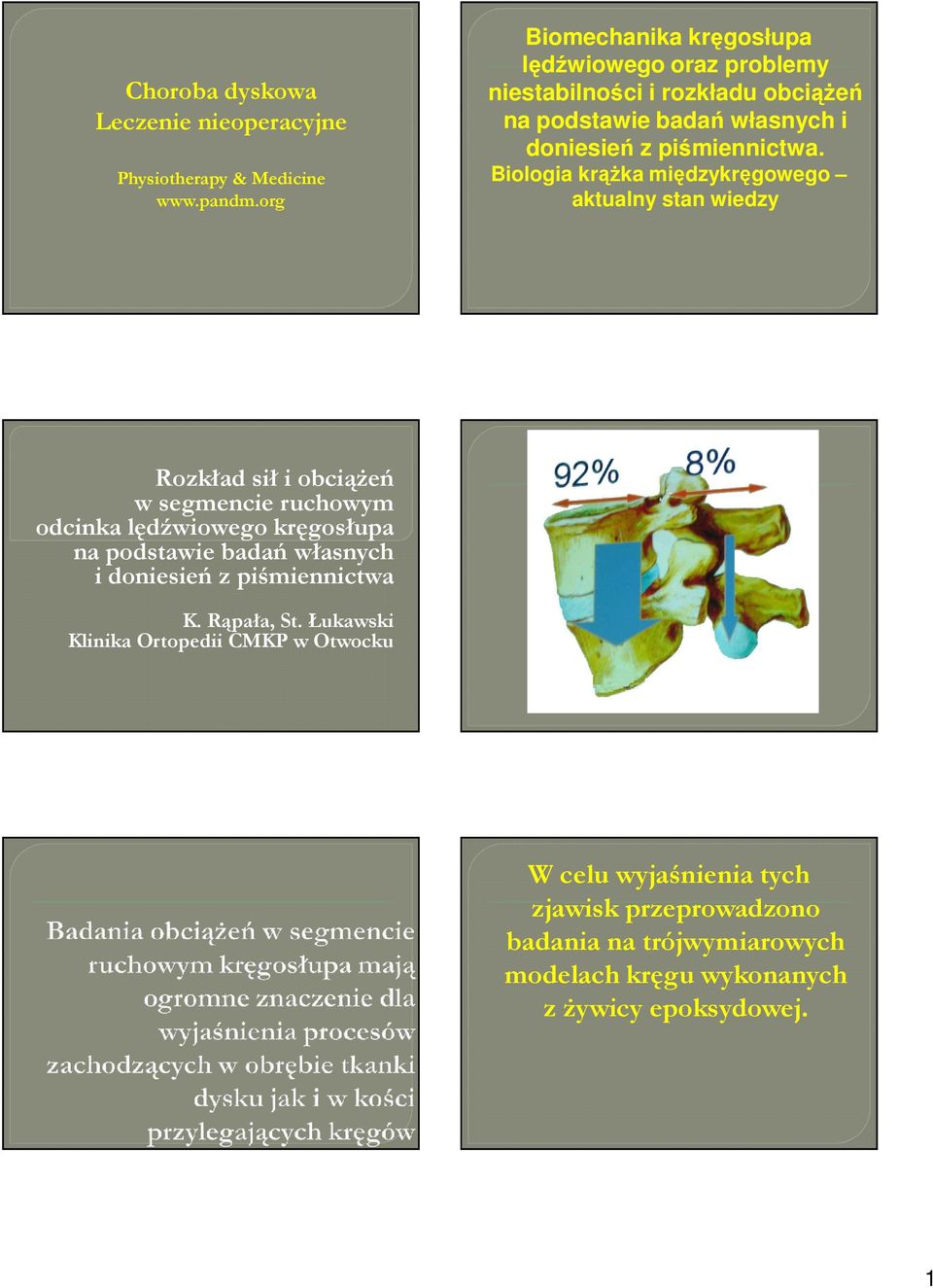 Biologia krążka międzykręgowego aktualny stan wiedzy Rozkład sił i obciążeń w segmencie ruchowym odcinka lędźwiowego kręgosłupa na podstawie