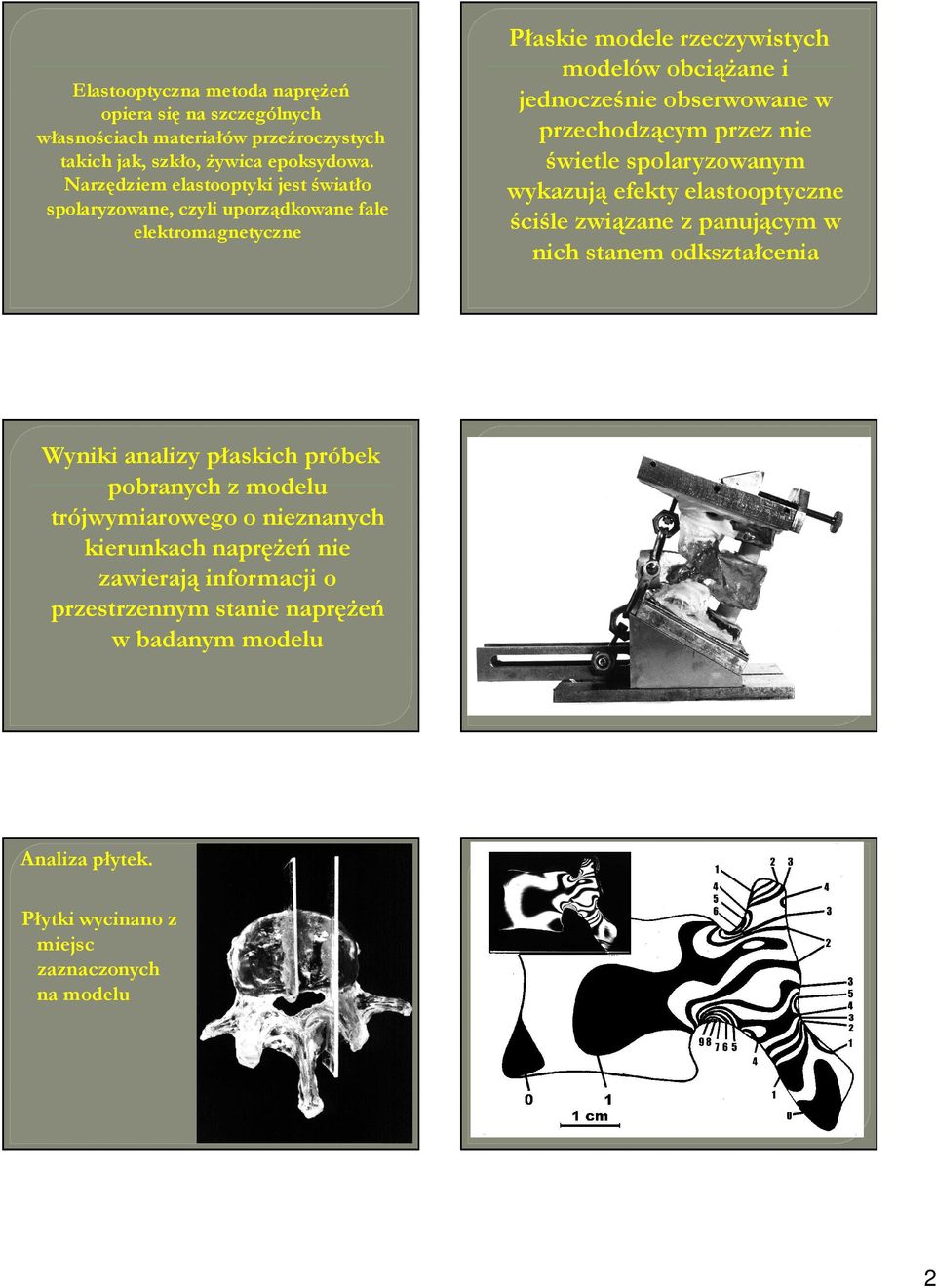 w przechodzącym przez nie świetle spolaryzowanym wykazują efekty elastooptyczne ściśle związane z panującym w nich stanem odkształcenia Wyniki analizy płaskich próbek