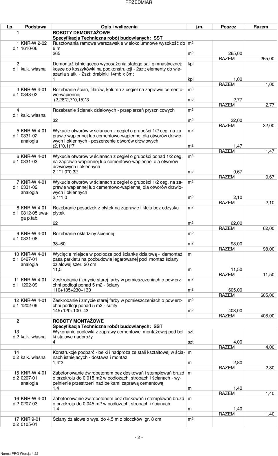 1 0821-08 RAZEM 265,00 Demontaż istniejącego wyposażenia stałego sali gimnastycznej: kosze do koszykówki na podkonstrukcji - 2szt; elementy do wieszania siatki - 2szt; drabinki 14mb x 3m; Rozebranie