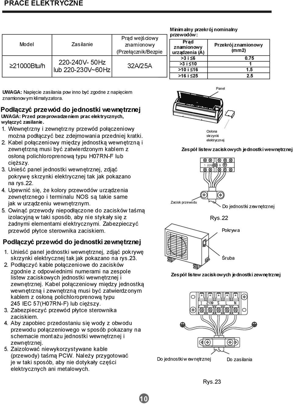 Podłączyć przewód do jednostki wewnętrznej UWAGA: Przed przeprowadzeniem prac elektrycznych, wyłączyć zasilanie. 1.