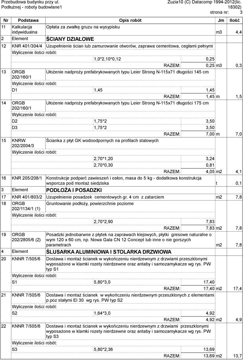 typu Leier Strong N-115x71 długości 175 cm D2 1,75*2 3,5 D3 1,75*2 3,5 15 KNRW 22/24/3 Ścianka z płyt GK wodoodpornych na profilach stalowych RAZEM: 7, m 7, 2,7*1,2 3,24 2,7*,3,81 RAZEM: 4,5 m2 4,1