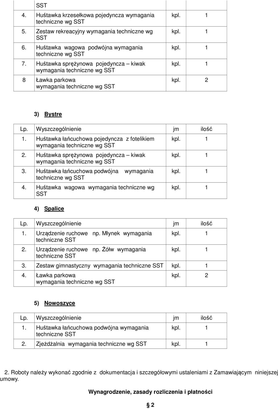 Huśtawka wagowa wymagania techniczne wg SST 4) Spalice 1. Urządzenie ruchowe np. Młynek wymagania techniczne SST 2. Urządzenie ruchowe np. Żółw wymagania techniczne SST 3.