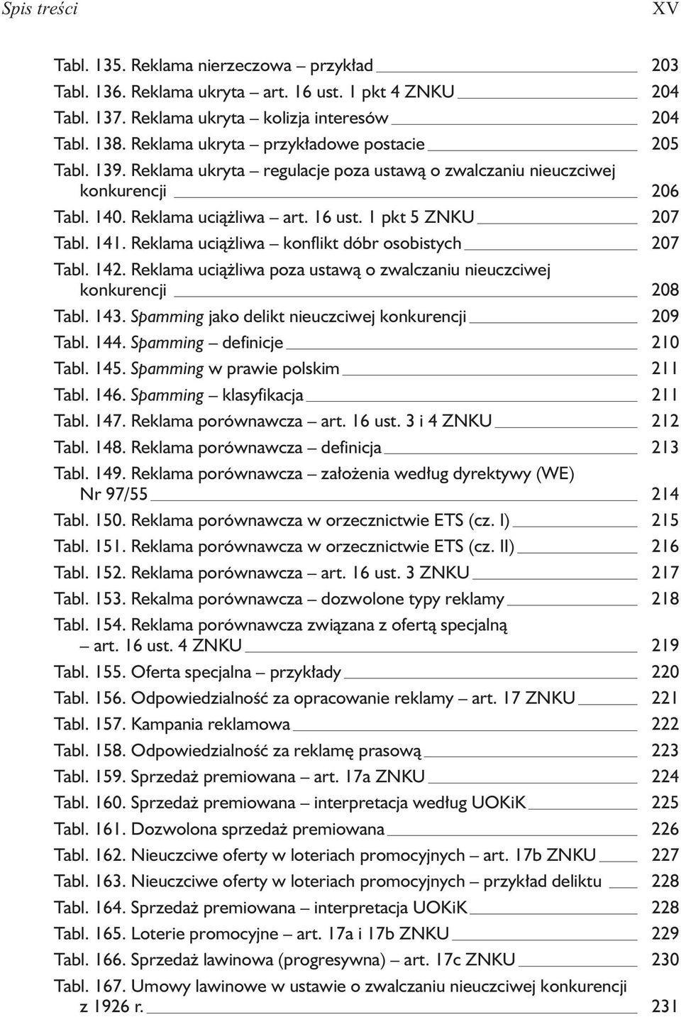 Reklama uci¹ liwa konflikt dóbr osobistych 207 Tabl. 142. Reklama uci¹ liwa poza ustaw¹ o zwalczaniu nieuczciwej konkurencji 208 Tabl. 143. Spamming jako delikt nieuczciwej konkurencji 209 Tabl. 144.