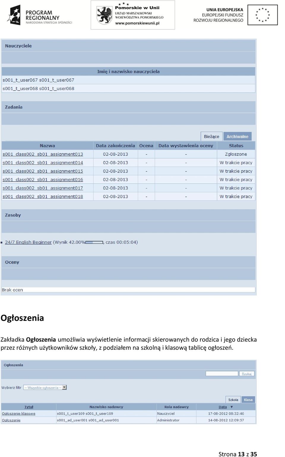 jego dziecka przez różnych użytkowników szkoły, z