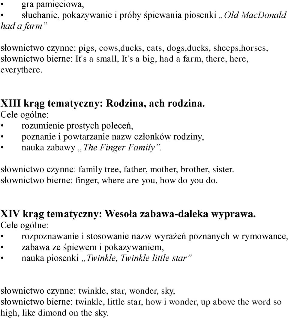 słownictwo czynne: family tree, father, mother, brother, sister. słownictwo bierne: finger, where are you, how do you do. XIV krąg tematyczny: Wesoła zabawa-daleka wyprawa.