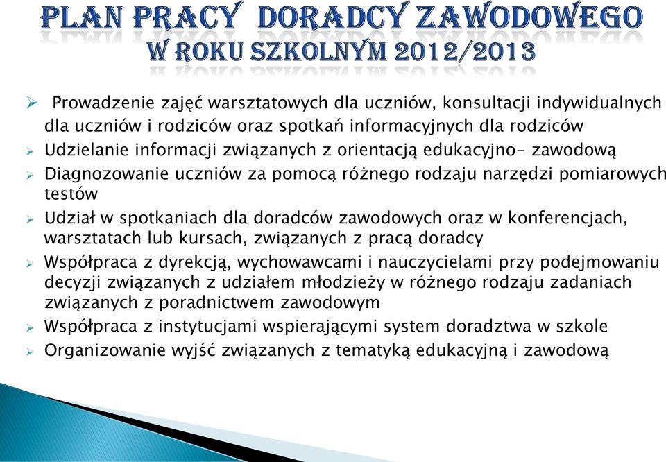 konferencjach, warsztatach lub kursach, związanych z pracą doradcy Współpraca z dyrekcją, wychowawcami i nauczycielami przy podejmowaniu decyzji związanych z udziałem