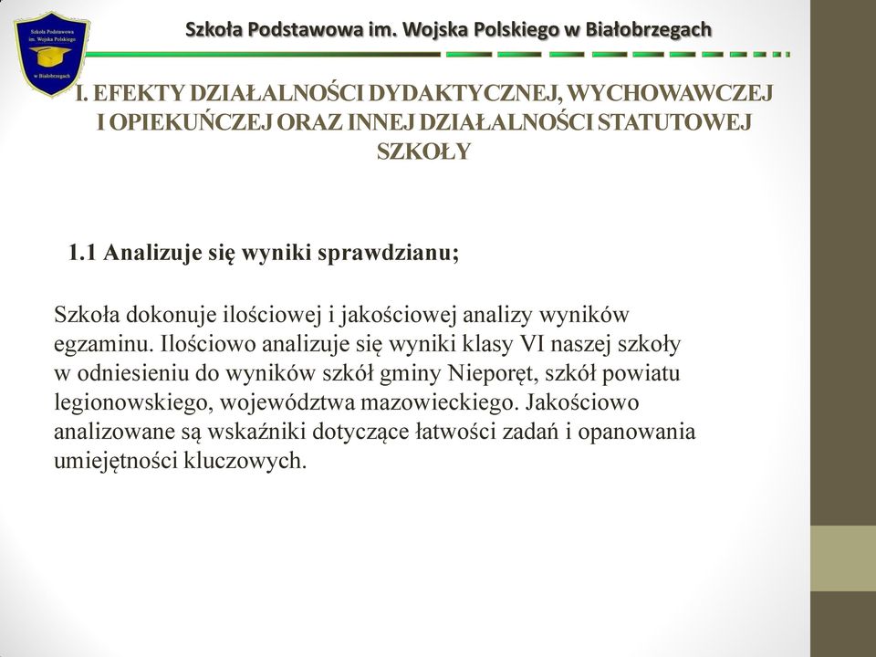 Ilościowo analizuje się wyniki klasy VI naszej szkoły w odniesieniu do wyników szkół gminy Nieporęt, szkół powiatu