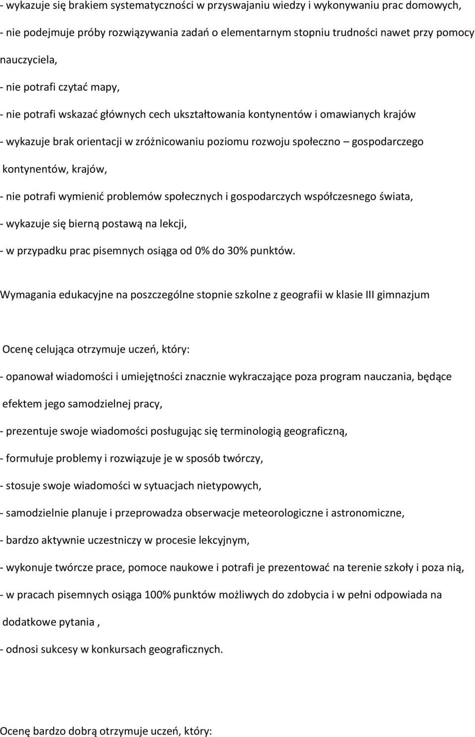 kontynentów, krajów, - nie potrafi wymienić problemów społecznych i gospodarczych współczesnego świata, - wykazuje się bierną postawą na lekcji, - w przypadku prac pisemnych osiąga od 0% do 30%