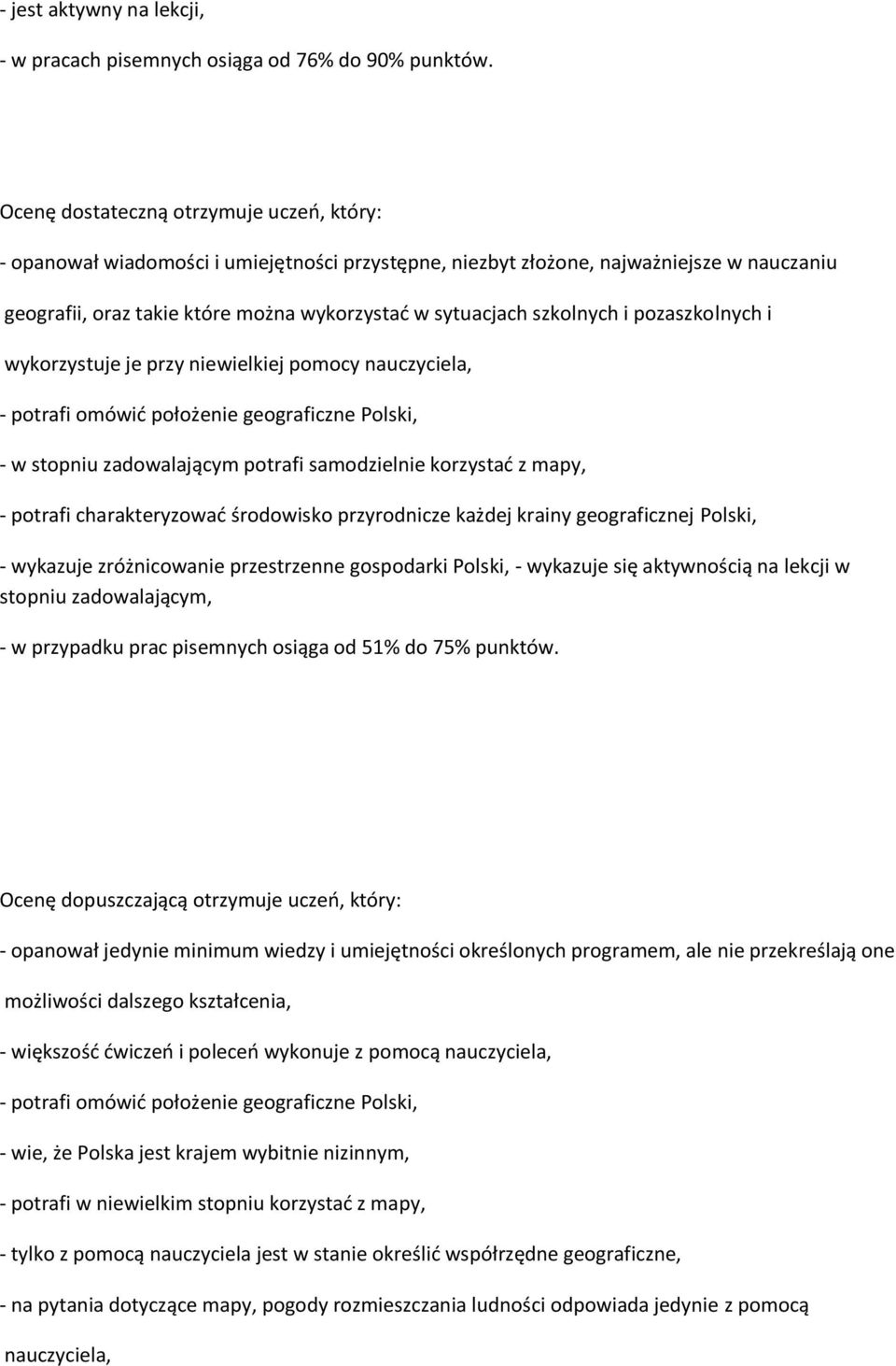 szkolnych i pozaszkolnych i wykorzystuje je przy niewielkiej pomocy nauczyciela, - potrafi omówić położenie geograficzne Polski, - w stopniu zadowalającym potrafi samodzielnie korzystać z mapy, -