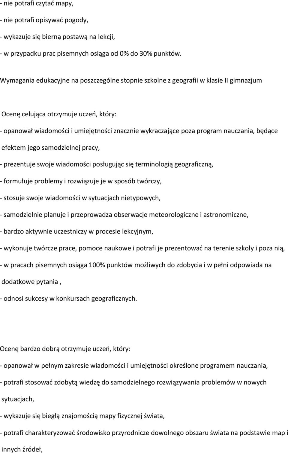 nauczania, będące efektem jego samodzielnej pracy, - prezentuje swoje wiadomości posługując się terminologią geograficzną, - formułuje problemy i rozwiązuje je w sposób twórczy, - stosuje swoje