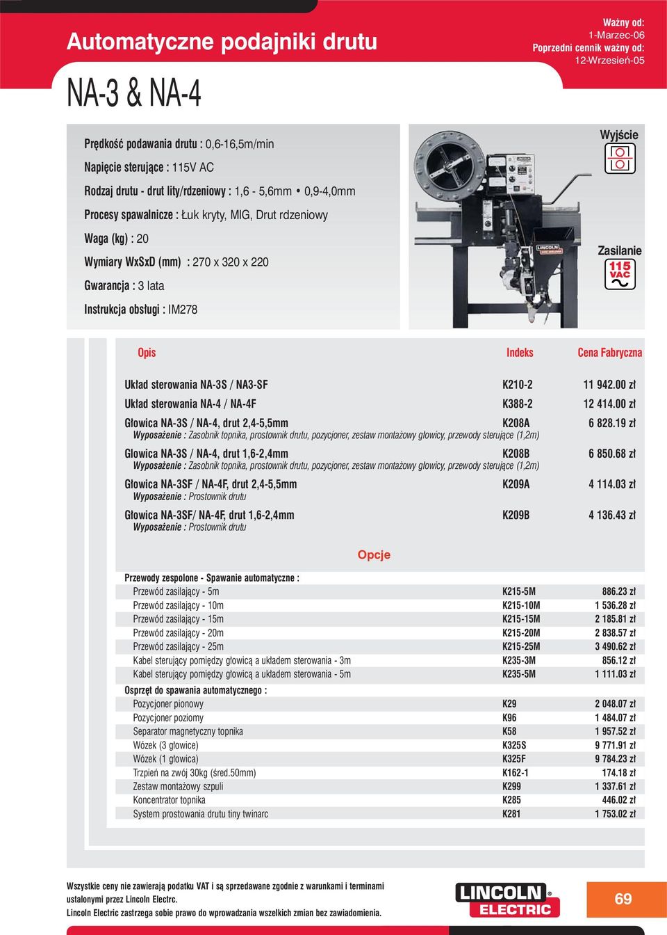 68 z G owica NA-3SF / NA-4F, drut 2,4-5,5mm K209A 4 114.03 z G owica NA-3SF/ NA-4F, drut 1,6-2,4mm K209B 4 136.43 z Przewód zasilajàcy - 5m K215-5M 886.23 z Przewód zasilajàcy - 10m K215-10M 1 536.
