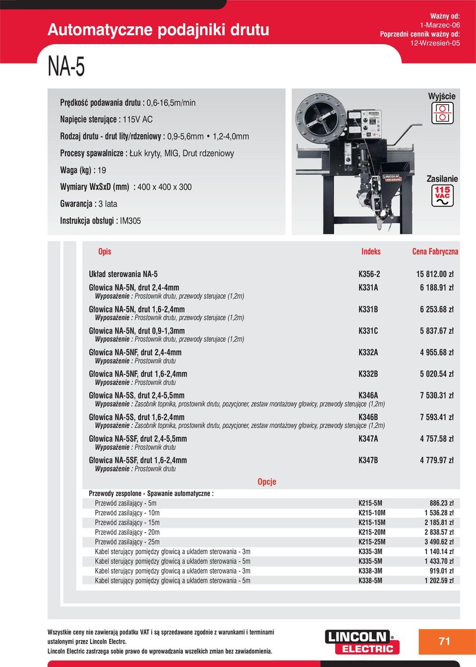 68 z, przewody sterujace (1,2m) G owica NA-5N, drut 0,9-1,3mm K331C 5 837.67 z, przewody sterujace (1,2m) G owica NA-5NF, drut 2,4-4mm K332A 4 955.68 z G owica NA-5NF, drut 1,6-2,4mm K332B 5 020.