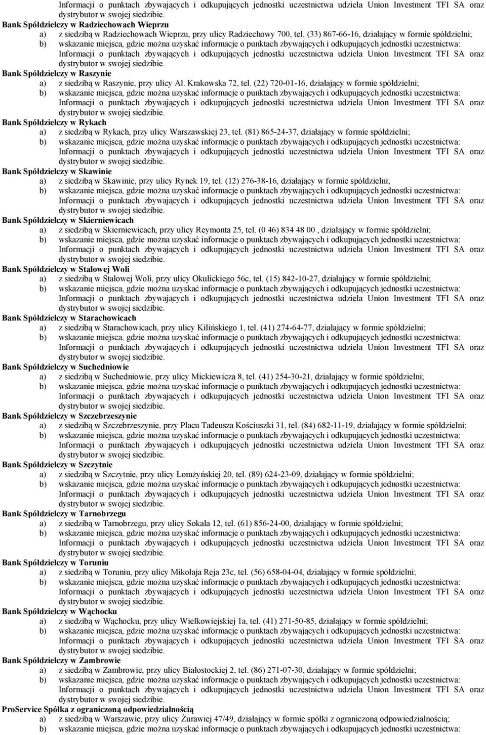 (22) 720-01-16, działający w formie spółdzielni; Bank Spółdzielczy w Rykach a) z siedzibą w Rykach, przy ulicy Warszawskiej 23, tel.