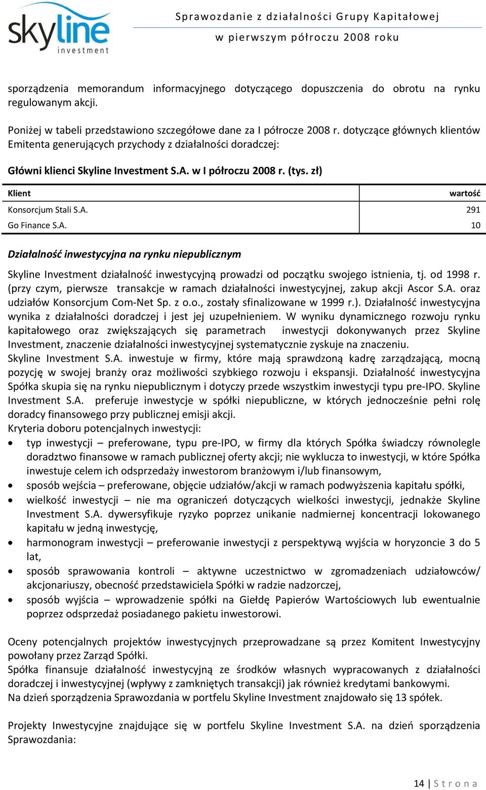 A. 10 Działalność inwestycyjna na rynku niepublicznym Skyline Investment działalność inwestycyjną prowadzi od początku swojego istnienia, tj. od 1998 r.