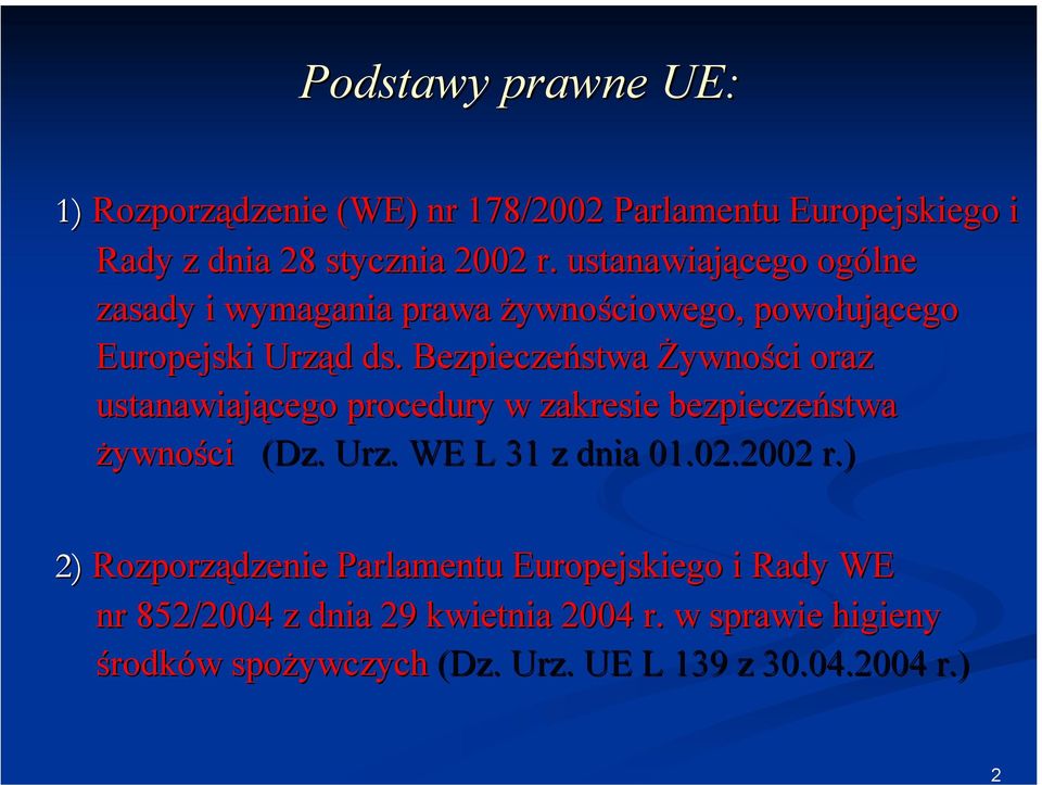 Bezpieczeństwa Żywności oraz ustanawiającego procedury w zakresie bezpieczeństwa żywności (Dz. Urz. WE L 31 z dnia 01.02.