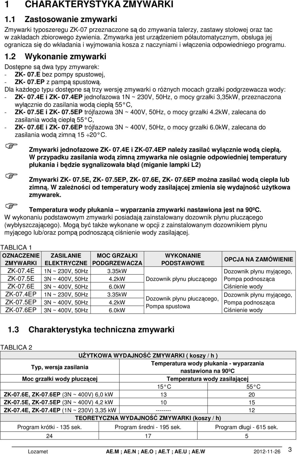 2 Wykonanie zmywarki Dostępne są dwa typy zmywarek: - ZK- 07.E bez pompy spustowej, - ZK- 07.EP z pampą spustową.