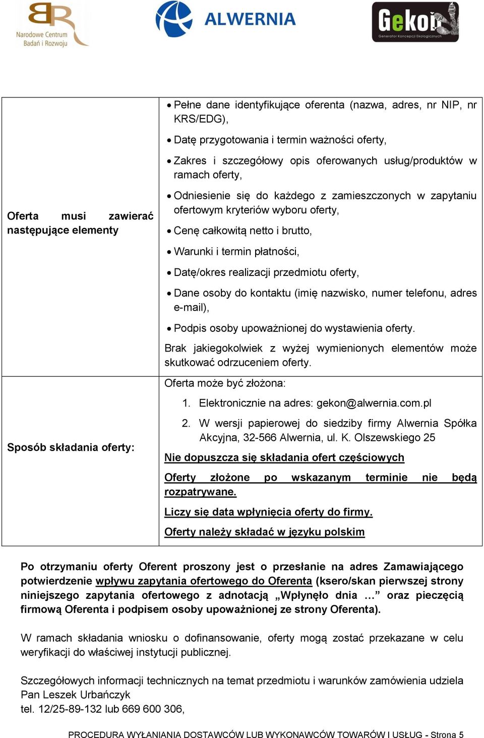 realizacji przedmiotu oferty, Dane osoby do kontaktu (imię nazwisko, numer telefonu, adres e-mail), Podpis osoby upoważnionej do wystawienia oferty.