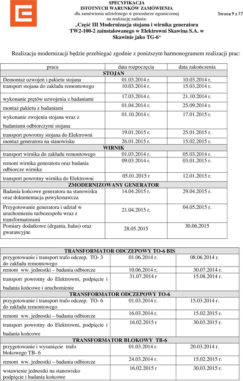 10.2014 r. 01.04.2014 r. 25.09.2014 r. 01.10.2014 r. 17.01.2015 r. badaniami odbiorczymi stojana transport powrotny stojana do Elektrowni 19.01.2015 r. 25.01.2015 r. montaż generatora na stanowisku 26.