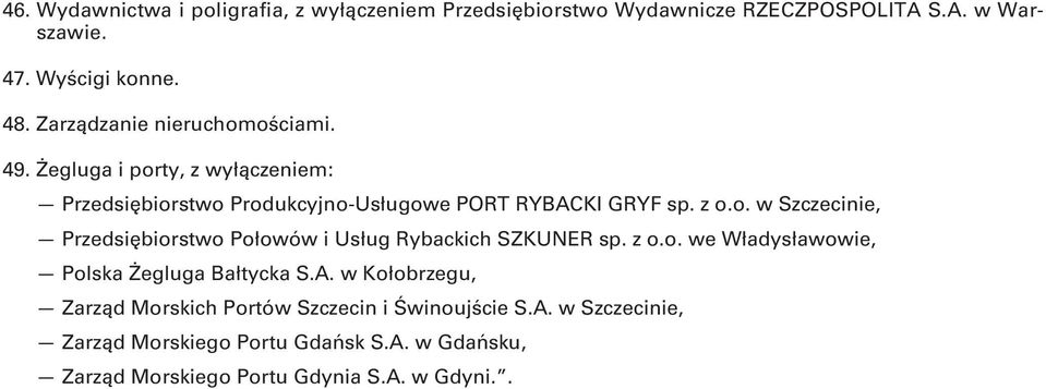 z o.o. we Władysławowie, Polska Żegluga Bałtycka S.A. w Kołobrzegu, Zarząd Morskich Portów Szczecin i Świnoujście S.A. w Szczecinie, Zarząd Morskiego Portu Gdańsk S.