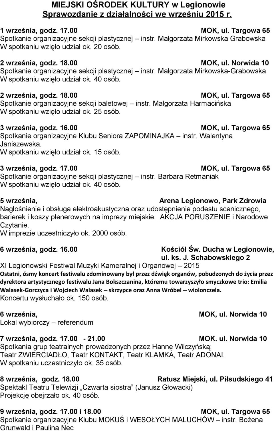 Małgorzata Mirkowska-Grabowska W spotkaniu wzięło udział ok. 40 osób. 2 września, godz. 18.00 MOK, ul. Targowa 65 Spotkanie organizacyjne sekcji baletowej instr.