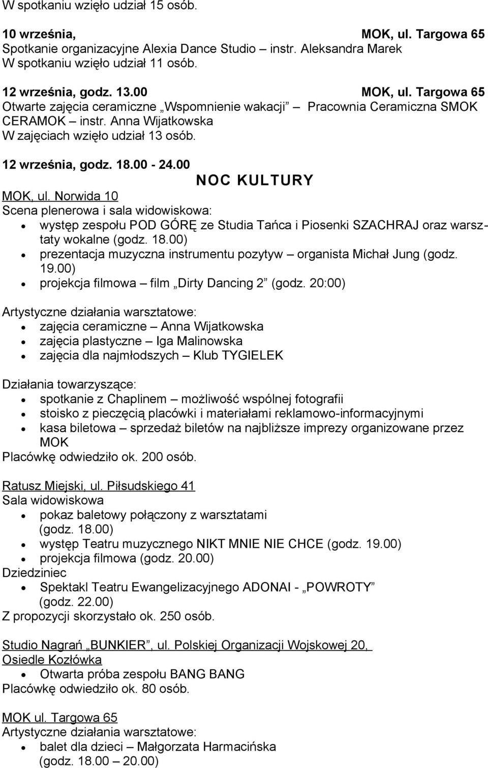 00 NOC KULTURY MOK, ul. Norwida 10 Scena plenerowa i sala widowiskowa: występ zespołu POD GÓRĘ ze Studia Tańca i Piosenki SZACHRAJ oraz warsztaty wokalne (godz. 18.