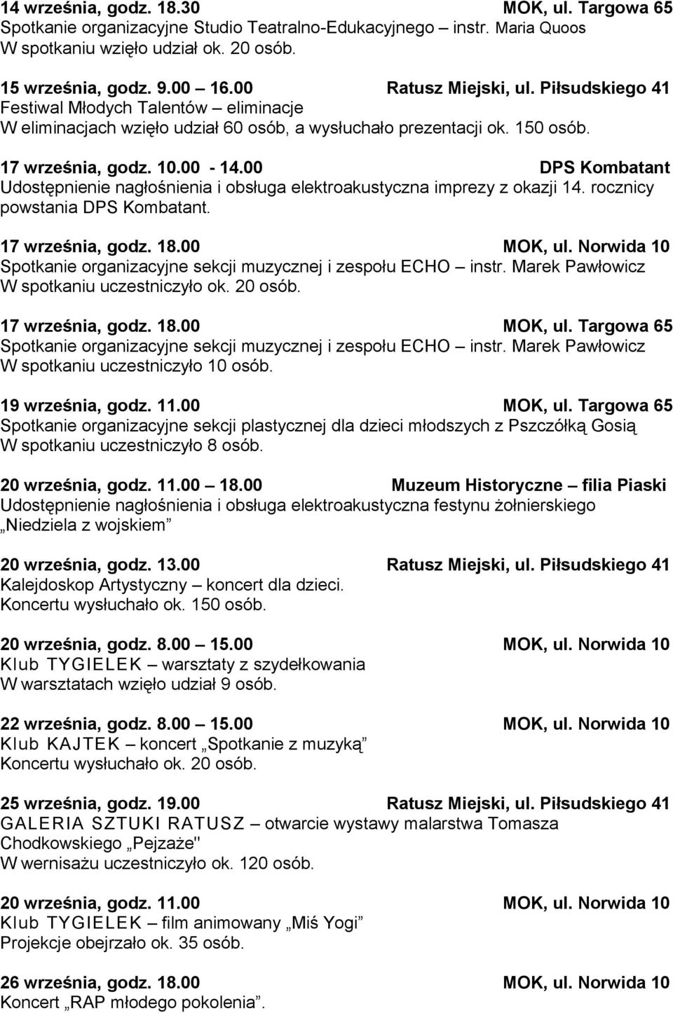 00 DPS Kombatant Udostępnienie nagłośnienia i obsługa elektroakustyczna imprezy z okazji 14. rocznicy powstania DPS Kombatant. 17 września, godz. 18.00 MOK, ul.