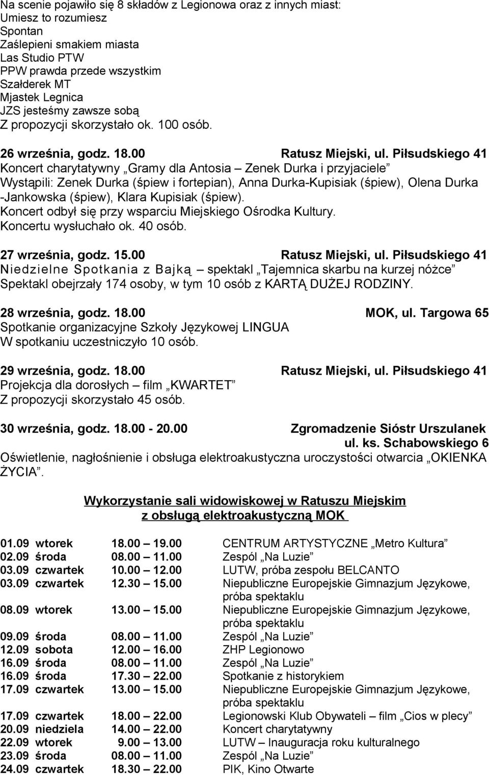 Piłsudskiego 41 Koncert charytatywny Gramy dla Antosia Zenek Durka i przyjaciele Wystąpili: Zenek Durka (śpiew i fortepian), Anna Durka-Kupisiak (śpiew), Olena Durka -Jankowska (śpiew), Klara