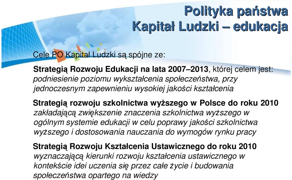 znaczenia szkolnictwa wyŝszego w ogólnym systemie edukacji w celu poprawy jakości szkolnictwa wyŝszego i dostosowania nauczania do wymogów rynku pracy Strategią Rozwoju