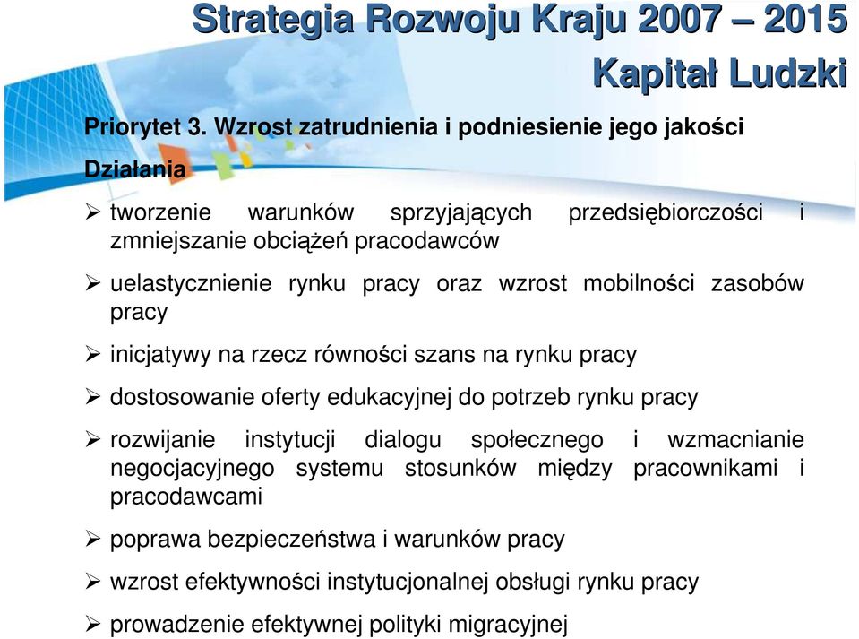 zmniejszanie obciąŝeń pracodawców uelastycznienie rynku pracy oraz wzrost mobilności zasobów pracy inicjatywy na rzecz równości szans na rynku pracy