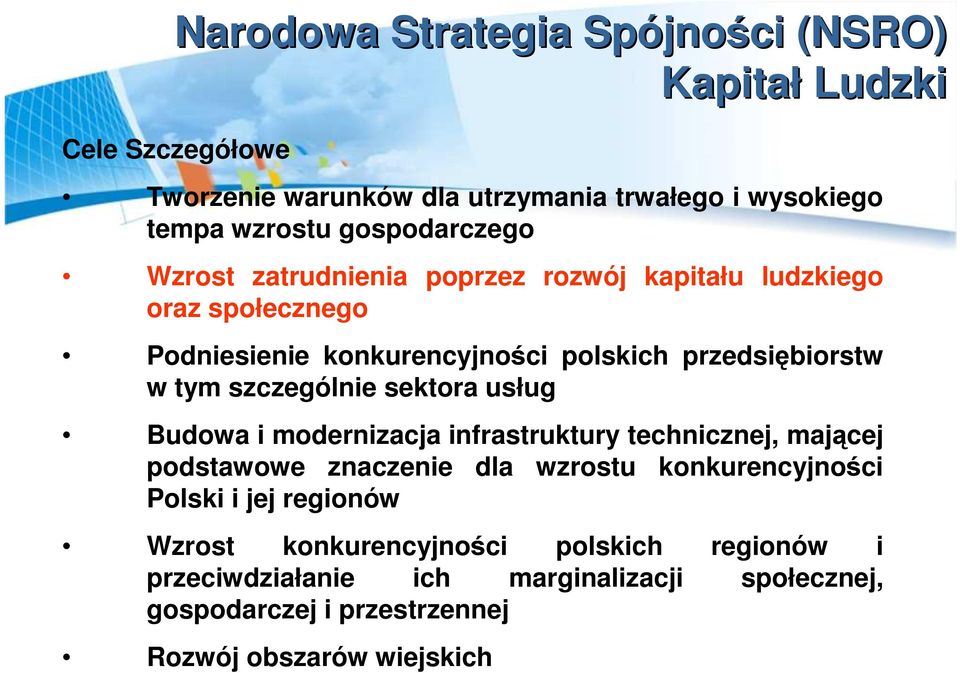 szczególnie sektora usług Budowa i modernizacja infrastruktury technicznej, mającej podstawowe znaczenie dla wzrostu konkurencyjności Polski i jej