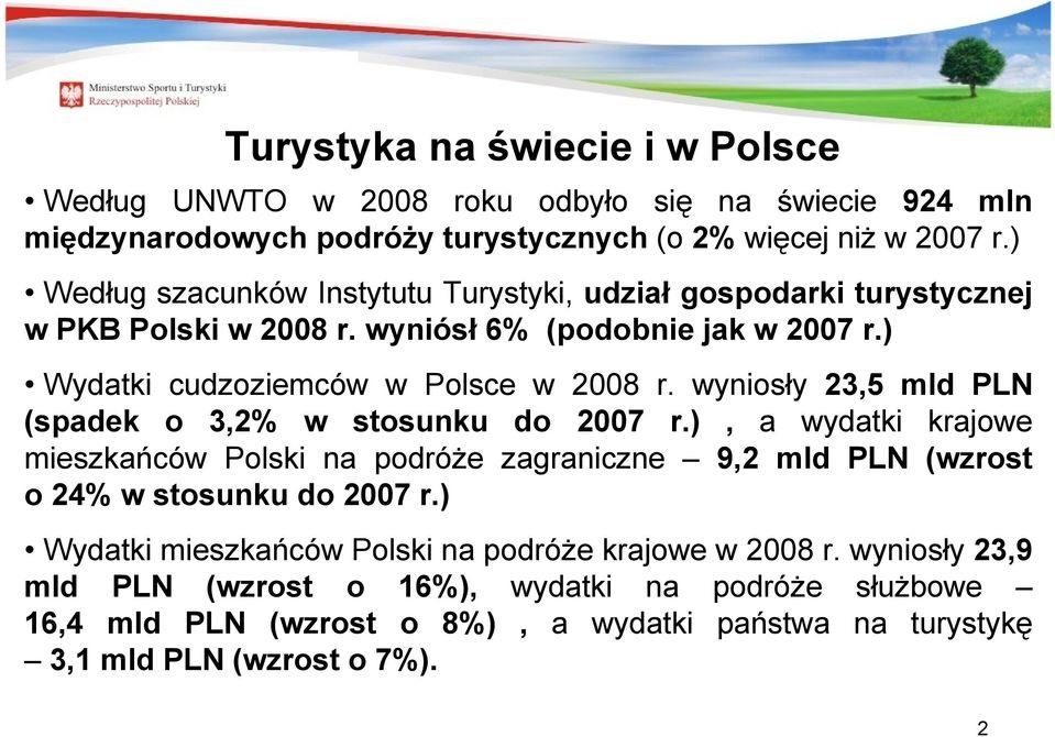 wyniosły 23,5 mld PLN (spadek o 3,2% w stosunku do 2007 r.), a wydatki krajowe mieszkańców Polski na podróże zagraniczne 9,2 mld PLN (wzrost o 24% w stosunku do 2007 r.