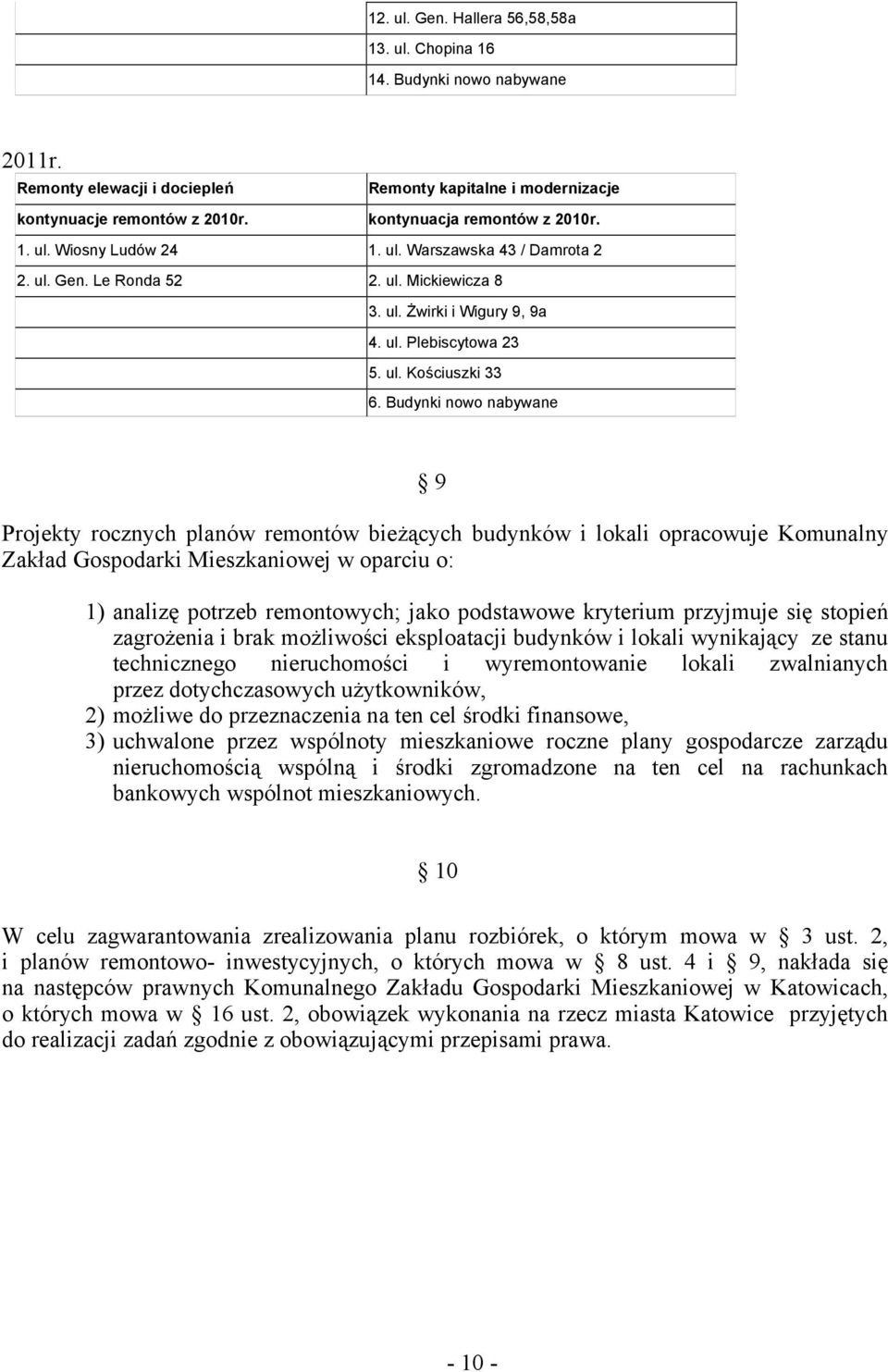 Budynki nowo nabywane 9 Projekty rocznych planów remontów bieżących budynków i lokali opracowuje Komunalny Zakład Gospodarki Mieszkaniowej w oparciu o: 1) analizę potrzeb remontowych; jako podstawowe