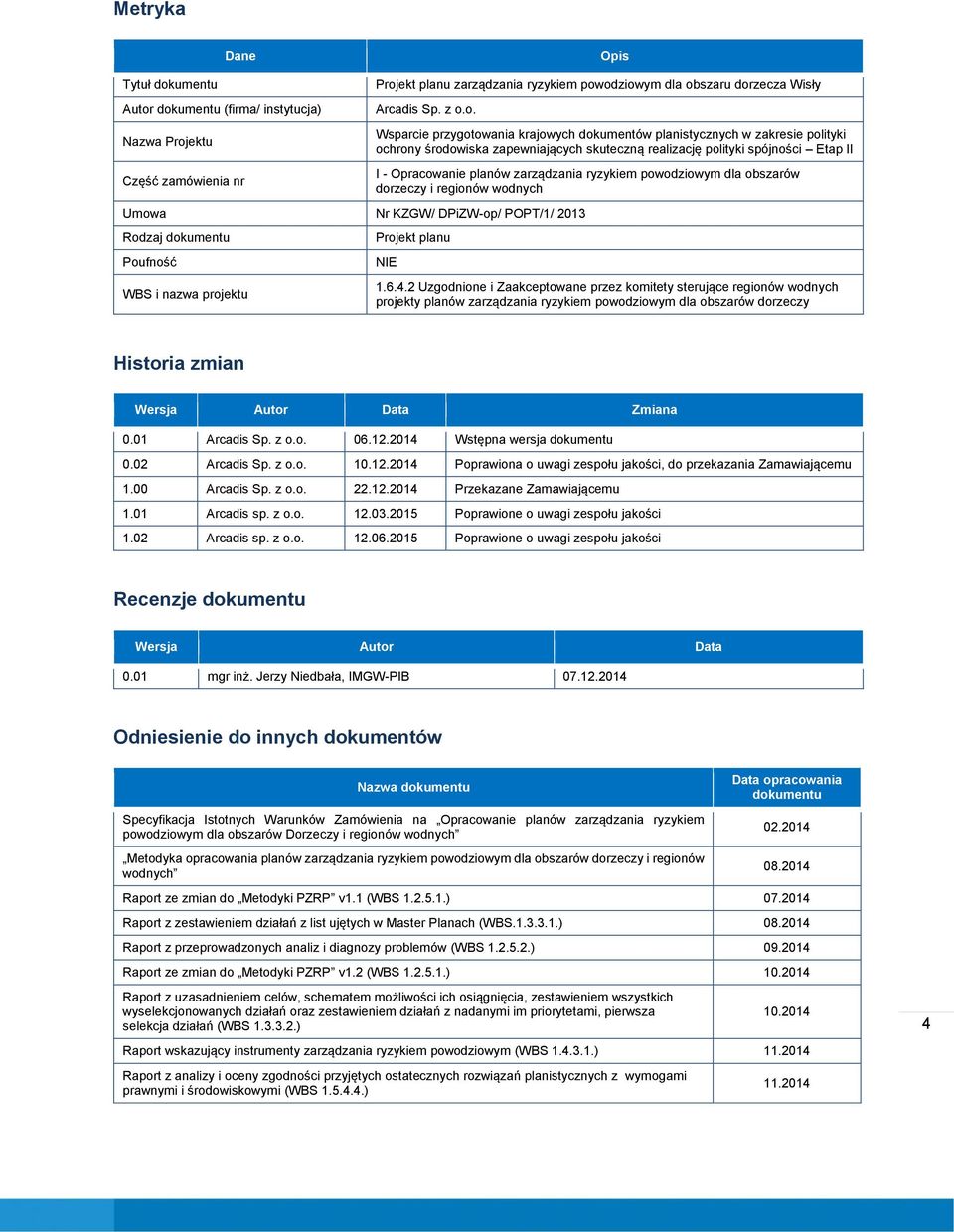 dokumentu (firma/ instytucja) Nazwa Projektu Część zamówienia nr Projekt planu zarządzania ryzykiem powodziowym dla obszaru dorzecza Wisły Arcadis Sp. z o.o. Umowa Nr KZGW/ DPiZW-op/ POPT/1/ 2013