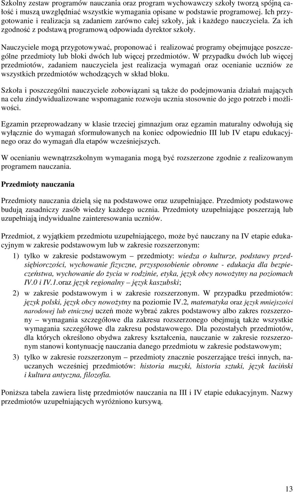 Nauczyciele mogą przygotowywać, proponować i realizować programy obejmujące poszczególne przedmioty lub bloki dwóch lub więcej przedmiotów.