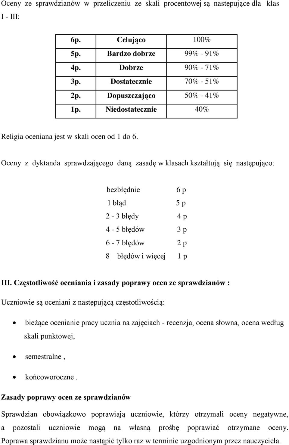 Oceny z dyktanda sprawdzającego daną zasadę w klasach kształtują się następująco: bezbłędnie 6 p 1 błąd 5 p 2-3 błędy 4 p 4-5 błędów 3 p 6-7 błędów 2 p 8 błędów i więcej 1 p III.