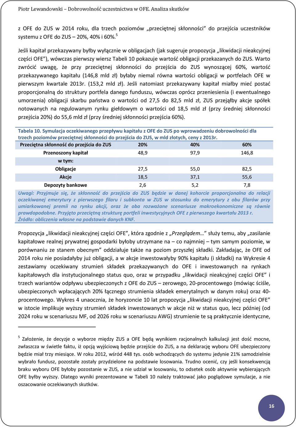 ZUS. Warto zwrócić uwagę, że przy przeciętnej skłonności do przejścia do ZUS wynoszącej 60%, wartość przekazywanego kapitału (146,8 mld zł) byłaby niemal równa wartości obligacji w portfelach OFE w