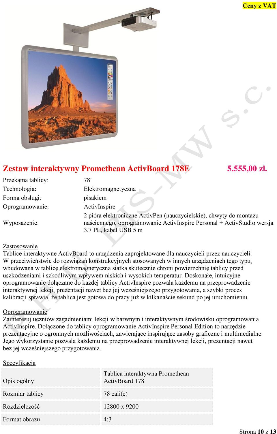 naściennego, oprogramowanie ActivInspire Personal + ActivStudio wersja 3.